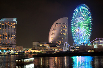 обоя города, йокогама, Япония, здание, колесо, обозрения, ночь