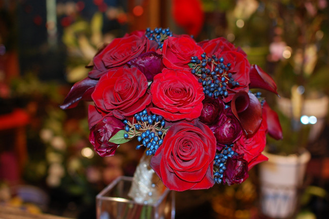 Обои картинки фото цветы, букеты, композиции, ранункулюс, ягоды, розы