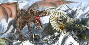 Картинка фэнтези драконы крепость дракон горы оборона замок зима