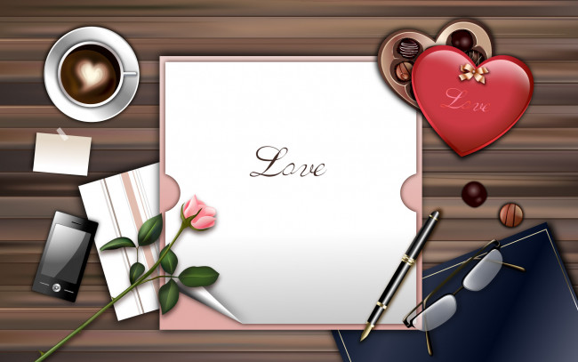 Обои картинки фото праздничные, день святого валентина,  сердечки,  любовь, кофе, блюдце, очки, коробка, чашка, стол, бумага, конфеты, телефон, цветок, роза, ручка, сердечко, любовь, письмо