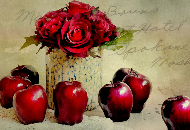 Обои картинки фото рисованные, еда, натюрморт, цветы, розы, яблоки