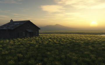 Картинка 3д+графика природа+ nature горы дом поле закат