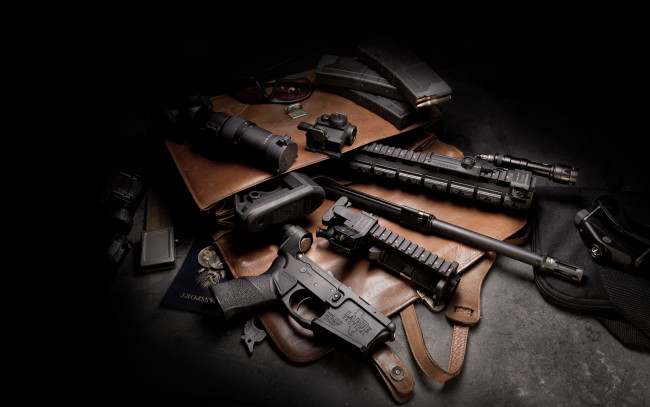 Обои картинки фото оружие, винтовки с прицеломприцелы, m4, детали, фрагменты, полумрак