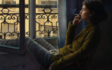 Картинка рисованное люди пепельница арт курит сигарета окно