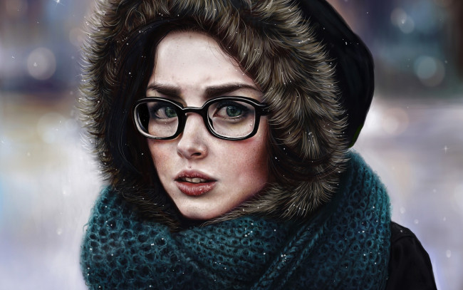 Обои картинки фото рисованное, люди, девушка, зима, капюшон, очки, шарф, холод, лицо, взгляд