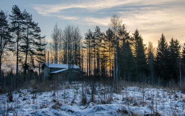 Обои картинки фото природа, лес, снег, домик