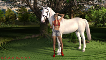 Картинка 3д+графика люди+и+животные+ people+and+animals фон взгляд девушка природа конь