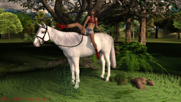 Картинка 3д+графика люди+и+животные+ people+and+animals природа фон конь взгляд девушка
