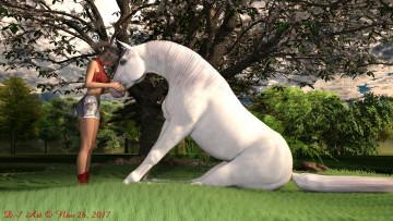 Картинка 3д+графика люди+и+животные+ people+and+animals девушка конь фон взгляд природа