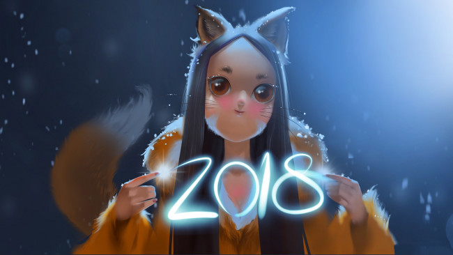 Обои картинки фото аниме, зима,  новый год,  рождество, уши, фон, существо, год
