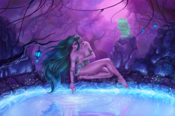 Картинка фэнтези эльфы девушка фон вода филин