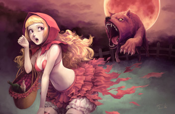 Картинка аниме животные +существа красная шапочка волк