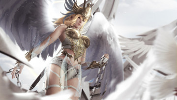 Картинка фэнтези ангелы девушка фон взгляд крылья корсет