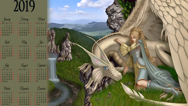 Обои картинки фото календари, фэнтези, дракон, девушка, водопад