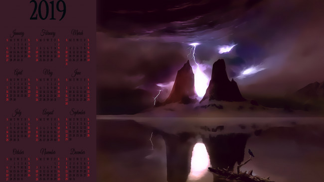 Обои картинки фото календари, фэнтези, молния, вода, отражение, скала, гора