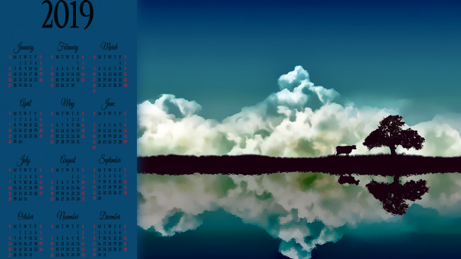 Обои картинки фото календари, рисованные,  векторная графика, корова, облако, водоем, отражение, дерево