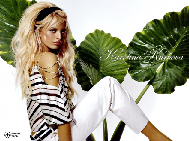 Обои картинки фото девушки, karolina kurkova, модель, блондинка, туника, брюки, листья