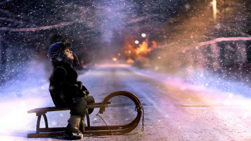Картинка разное дети мальчик санки дорога снег огни