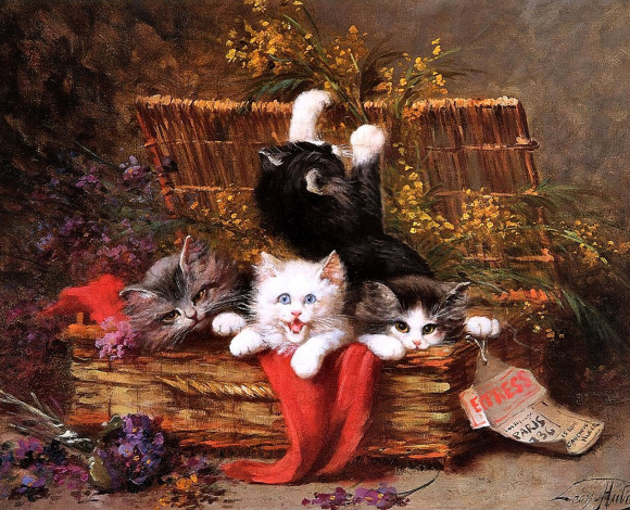Обои картинки фото рисованное, leon charles huber, котята, корзина, цветы
