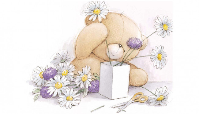 Обои картинки фото рисованное, мишки тэдди, мишка, ваза, цветы, ножницы
