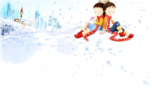Обои картинки фото рисованное, дети, мальчик, девочка, шарфы, снег, дом