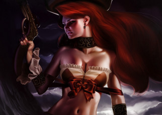 Картинка фэнтези девушки взгляд шляпа рыжая револьвер оружие бант