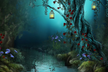 Картинка 3д графика nature landscape природа цветы фонари дерево река