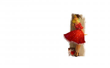 Картинка рисованные люди причёска шляпка элегантность бульдог платье девушка корзинка