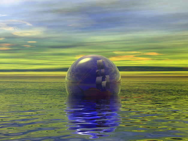Обои картинки фото 3д, графика, шары, парусник, вода, шар