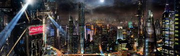 Картинка 3д графика architecture архитектура реклама прожектора панорама небоскрёбы ночной город