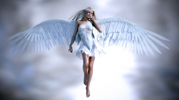 Картинка 3д графика angel ангел рендеринг девушка крылья блондинка лицо взгляд руки фон