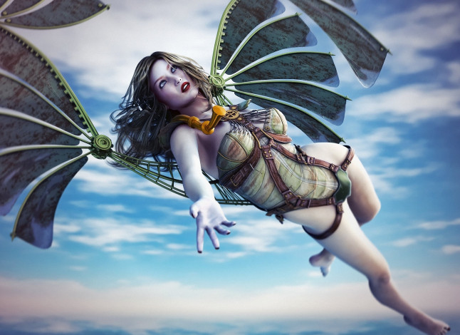 Обои картинки фото 3д, графика, fantasy, фантазия, крылья, девушка, механика