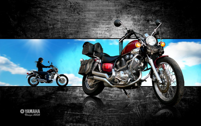 Обои картинки фото yamaha, virago, xv535, мотоциклы, небо, девушка, красный