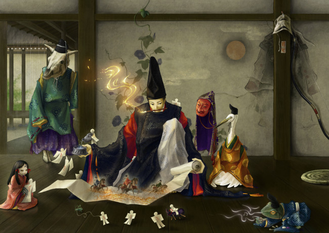 Обои картинки фото nurarihyon, no, mago, аниме, журавль, оригами, девочка, маска, магия, лягушка