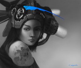 Картинка фэнтези девушки синий черно-белое арт шлем девушка монохромное плечо рыбка рыба татуировка тату
