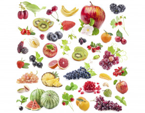 обоя еда, фрукты,  ягоды, ассорти, листья, цветы, ягоды, фон