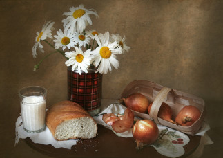Картинка еда натюрморт хлеб молоко лук ромашки