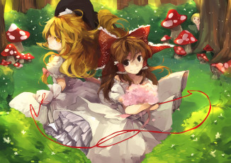 Картинка аниме touhou бант девушки kirisame marisa hakurei reimu shuzi арт улыбка шляпа грибы деревья природа цветы букет