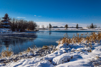 Картинка природа зима река поле трава снег