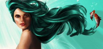 Картинка рисованные люди вода океан рыбки плечи лицо зеленые волосы взгляд русалка девушка