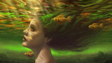 Картинка фэнтези русалки девушка блики золотые рыбки рисунок живопись под водой