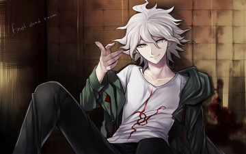 Картинка аниме danganronpa мальчик рука komaeda+nagito стена кровь кофта футболка волосы