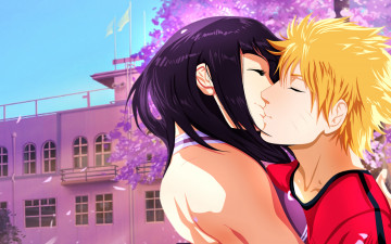 Картинка аниме naruto флаги небо дом девушка парень сакура любовь поцелуй арт хьюга хината наруто узумаки