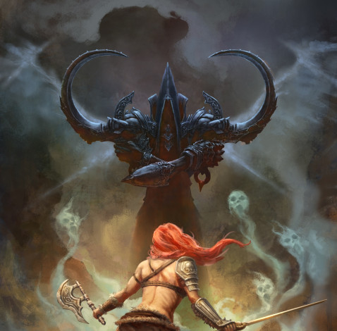 Обои картинки фото видео игры, diablo iii,  reaper of souls, арт, дьявол, человек, монстр, оружие, мрачно