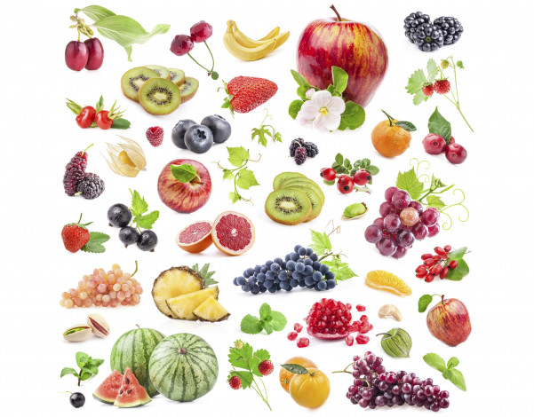Обои картинки фото еда, фрукты,  ягоды, ассорти, листья, цветы, ягоды, фон