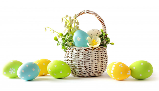 Обои картинки фото праздничные, пасха, весна, цветы, пастель, яйца, eggs, flowers, spring, easter, pastel, basket, delicate