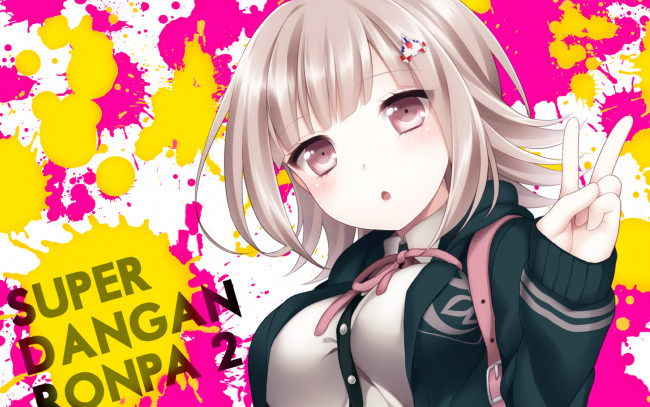 Обои картинки фото аниме, danganronpa, рука, жест, nanami chiaki, заколка, форма, лента