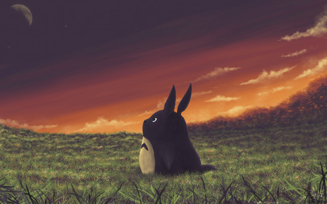 Обои картинки фото аниме, my neighbor totoro, трава, друг, дух, закат