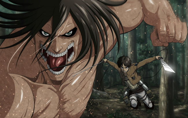 Обои картинки фото аниме, shingeki no kyojin, прыжок, оружие, парень, титан