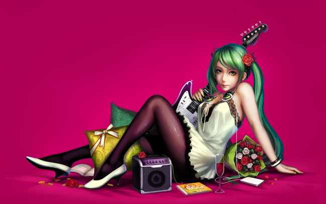 Обои картинки фото vocaloid, аниме, розы, гитара, девушка, hatsune, miku, shouai, art